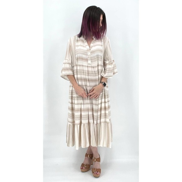 Boho Dress Woven pattern Stripe Tiered White Tan OS NWT - Picture 2 of 11